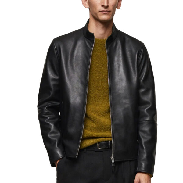 Genuine Leather Men Black Solid Biker Jacket