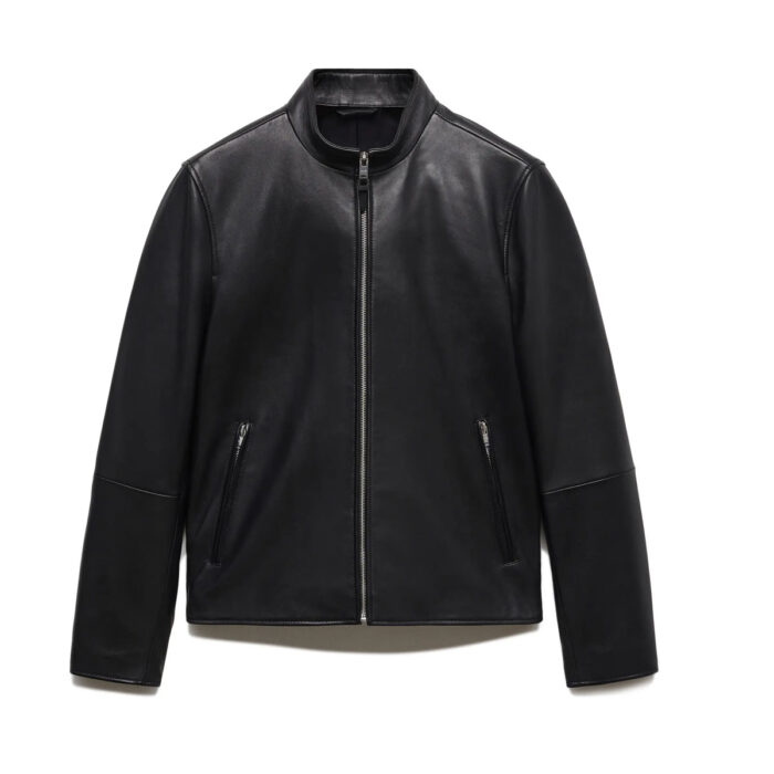 Genuine Leather Men Black Solid Biker Jacket SAle