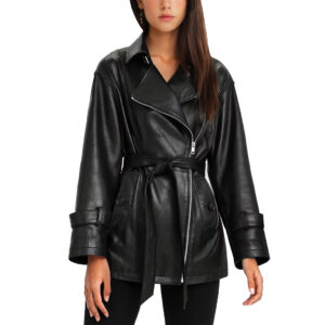 women in black leather coat