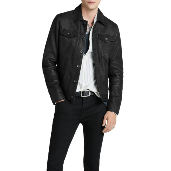 Black Sheepskin Leather Trucker Jacket Men