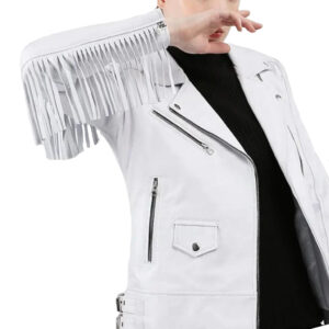 Brissleatherstudio White Fringe Biker Leather Jacket