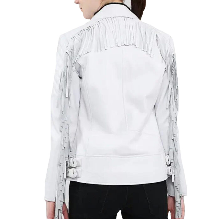 Womens White Fringe Biker Leather Jacket