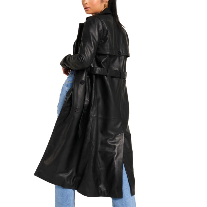 Women’s Solid Black Leather Trench Coat