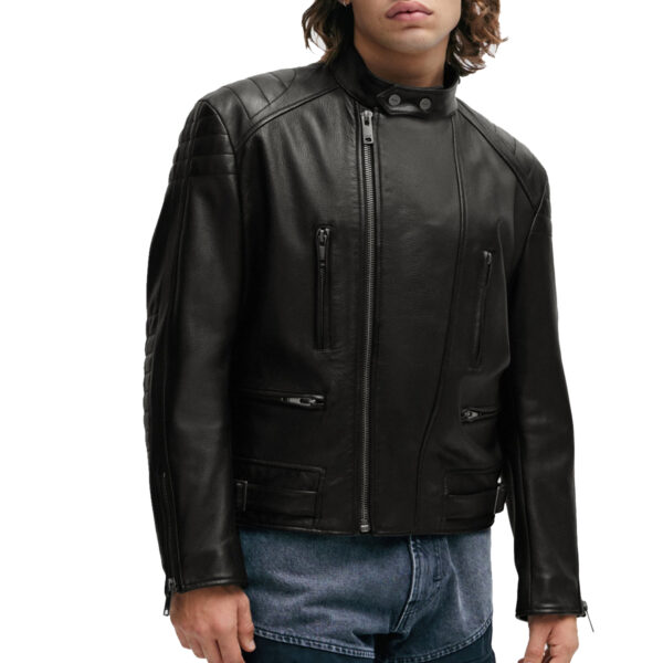 Contemporary Zipped Racer Leather Jacket Mens