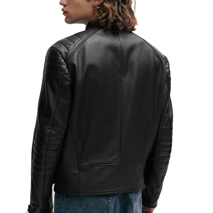 Contemporary Solid Black Zipped Racer Leather Jacket Mens