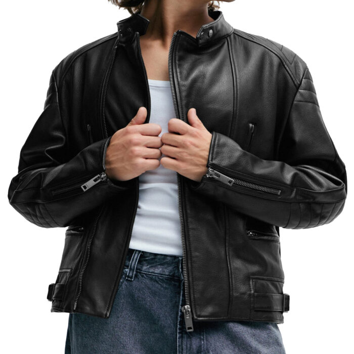 Trendy style Contemporary Zipped Racer Leather Jacket Mens