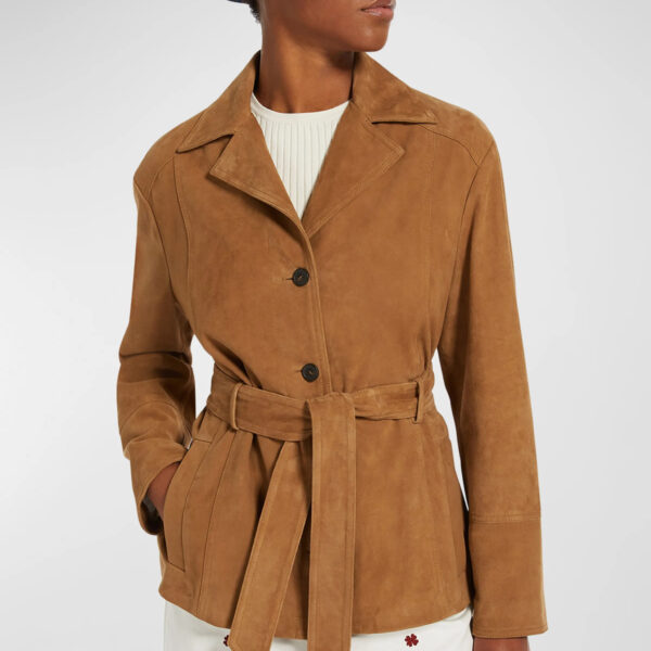 women in suede leather coat