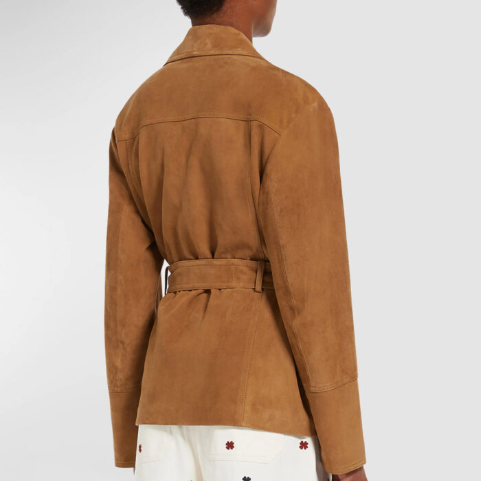 women back in suede leather coat