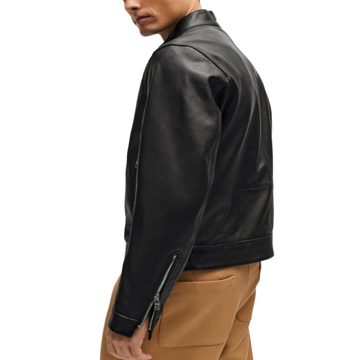 Solid Black Regular-fit Genuine Leather Jacket For Men