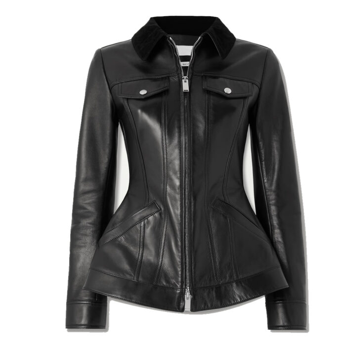 Black Leather Peplum Jacket For Women