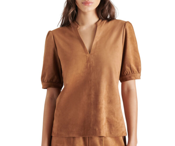 New Style Designer Women's Puff Shoulder Suede Leather Top