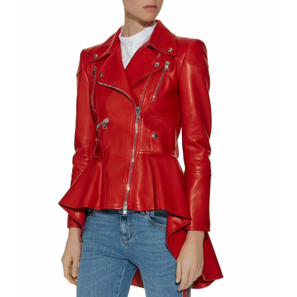 Women High Low Red Leather Jacket