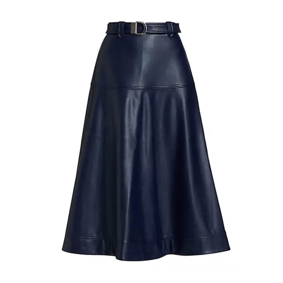 Faux-Leather-Belted-Midi-Flared-Skirt-For-Women
