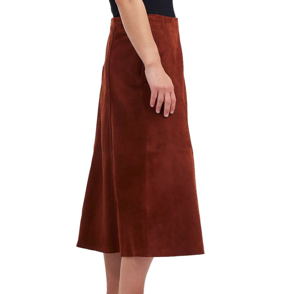Women's Seamed Suede Midi Skirt – Side profile highlighting stylish stitching and a timeless silhouette