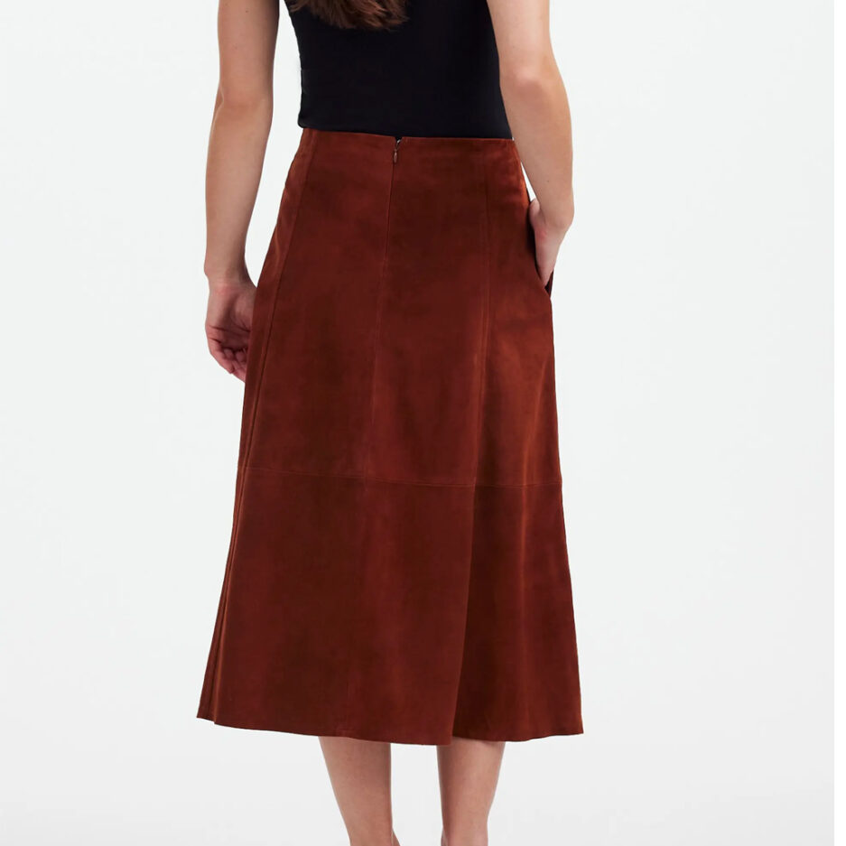 Suede Leather Midi Skirt – Rear view showcasing refined seamed details and a flattering fit for modern women.