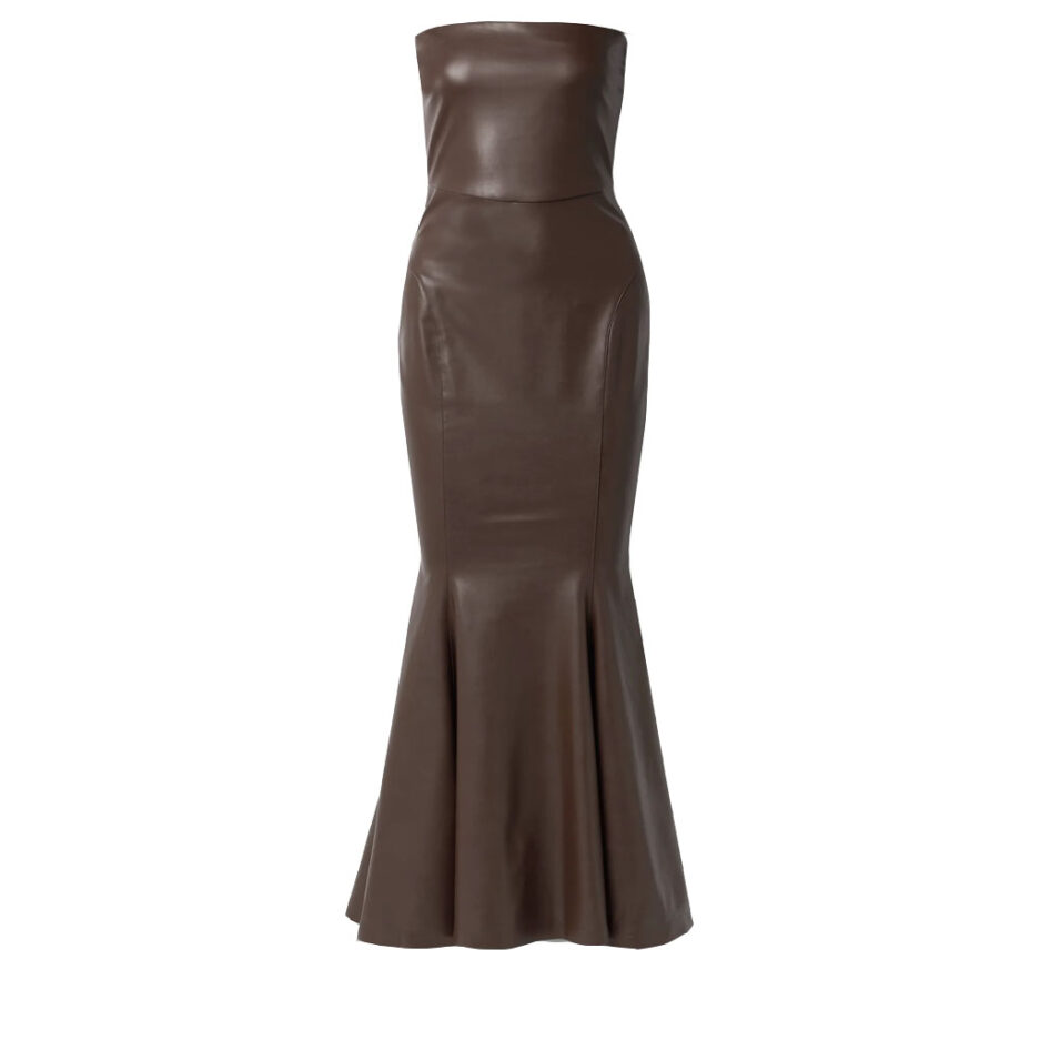 Chocolate-Strapless-Faux-Leather-Maxi-Dress-for-womens-