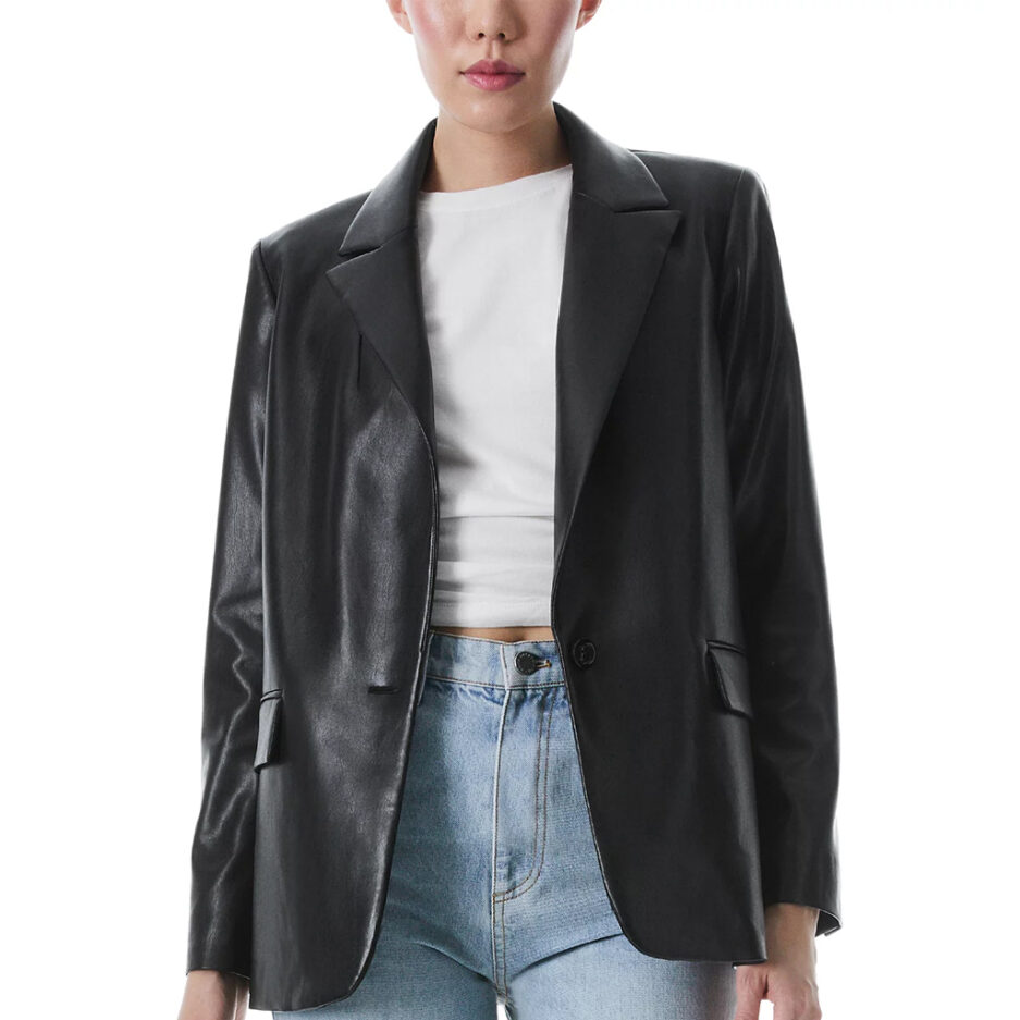Peak Lapel Black Leather Blazer for Ladies