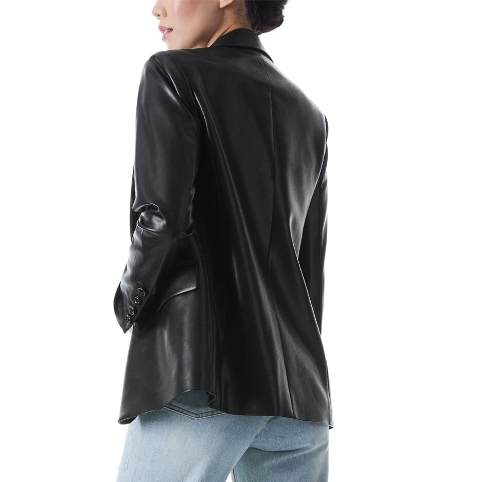 Peak Lapel Black Leather Blazer for women back side