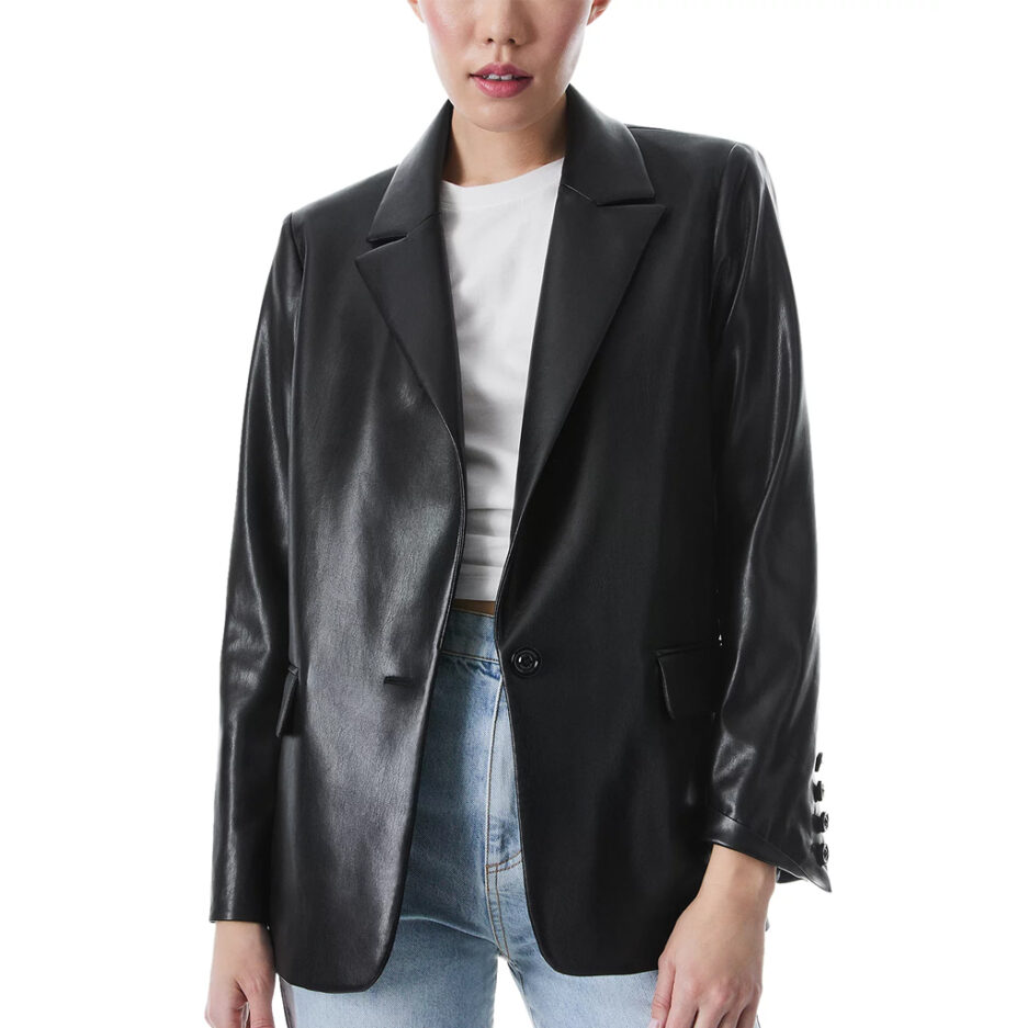 Peak Lapel Black Leather Blazer for women