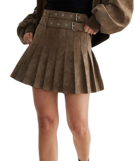 Double Belted Pleated Suede Leather Miniskirt for summer