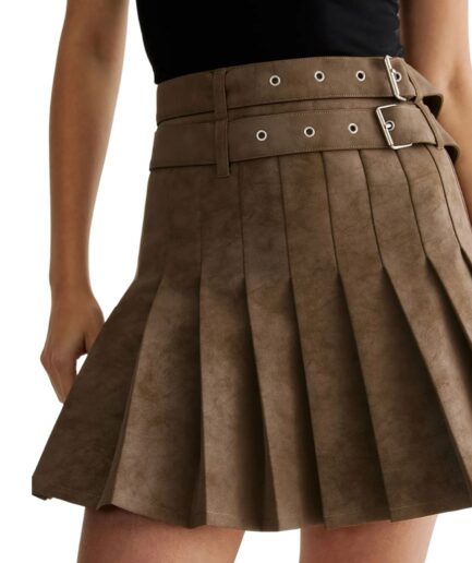 Double Belted Pleated Suede Leather Miniskirt for women