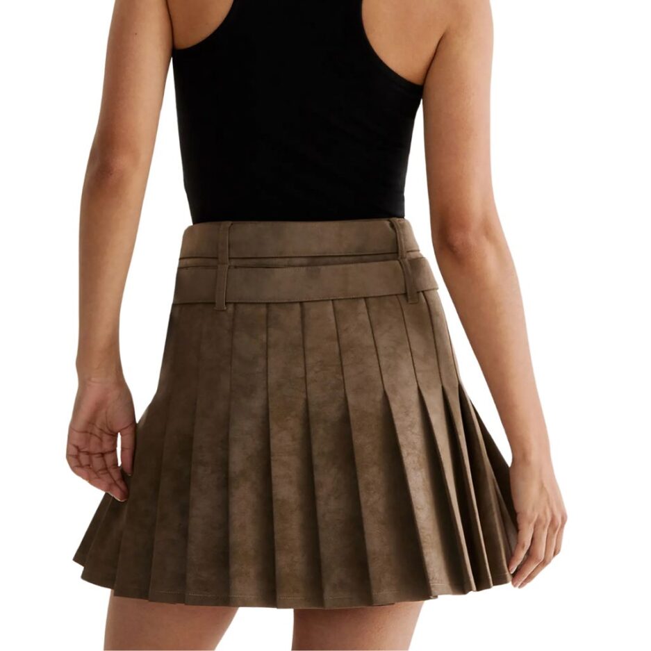 Double Belted Pleated Suede Leather Miniskirt back