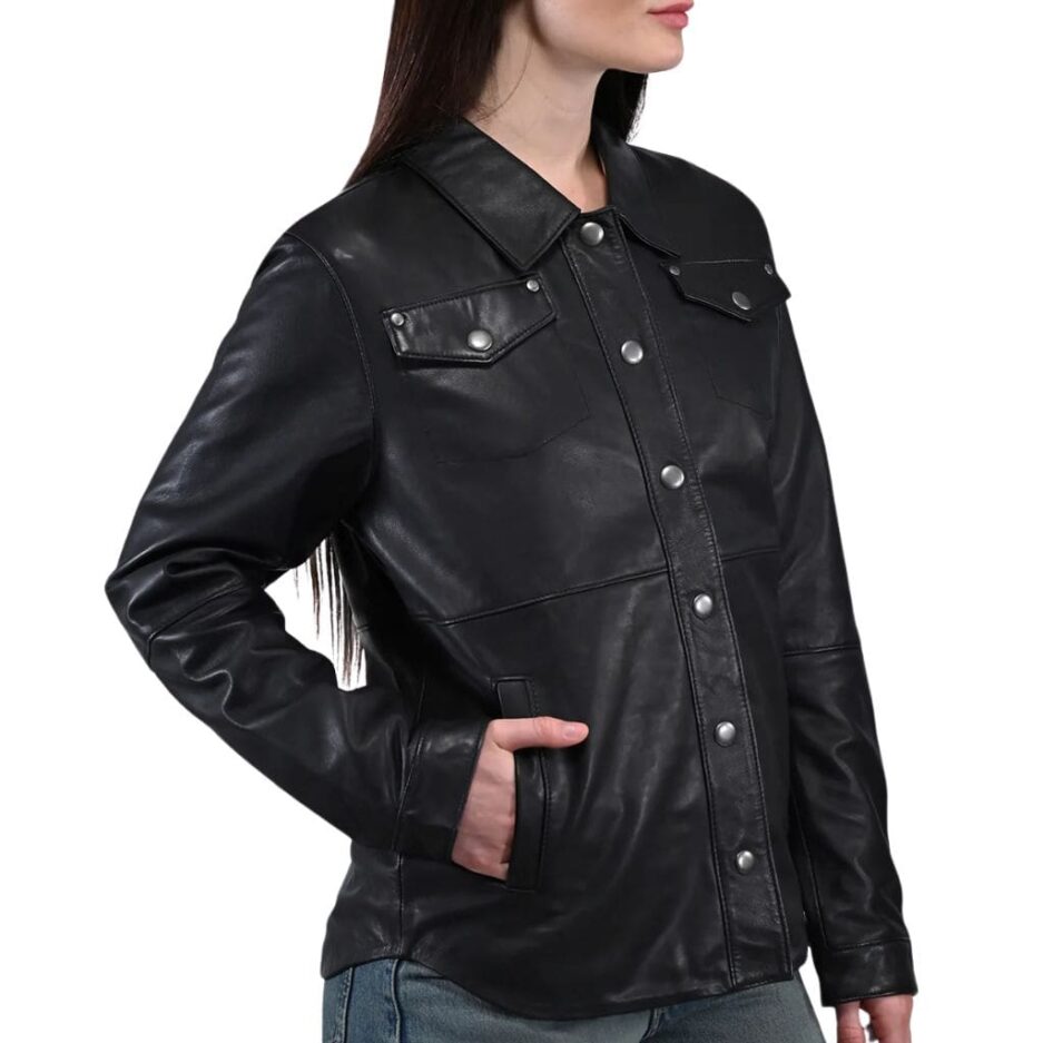 Minimal style Women’s Black Leather Shacket button closure