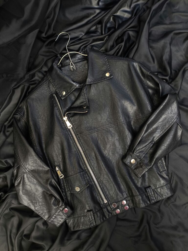 solid men leather jacket in black