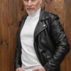 men wearing black leather jacket with notch collar on white tshirt