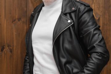 men wearing black leather jacket with notch collar on white tshirt