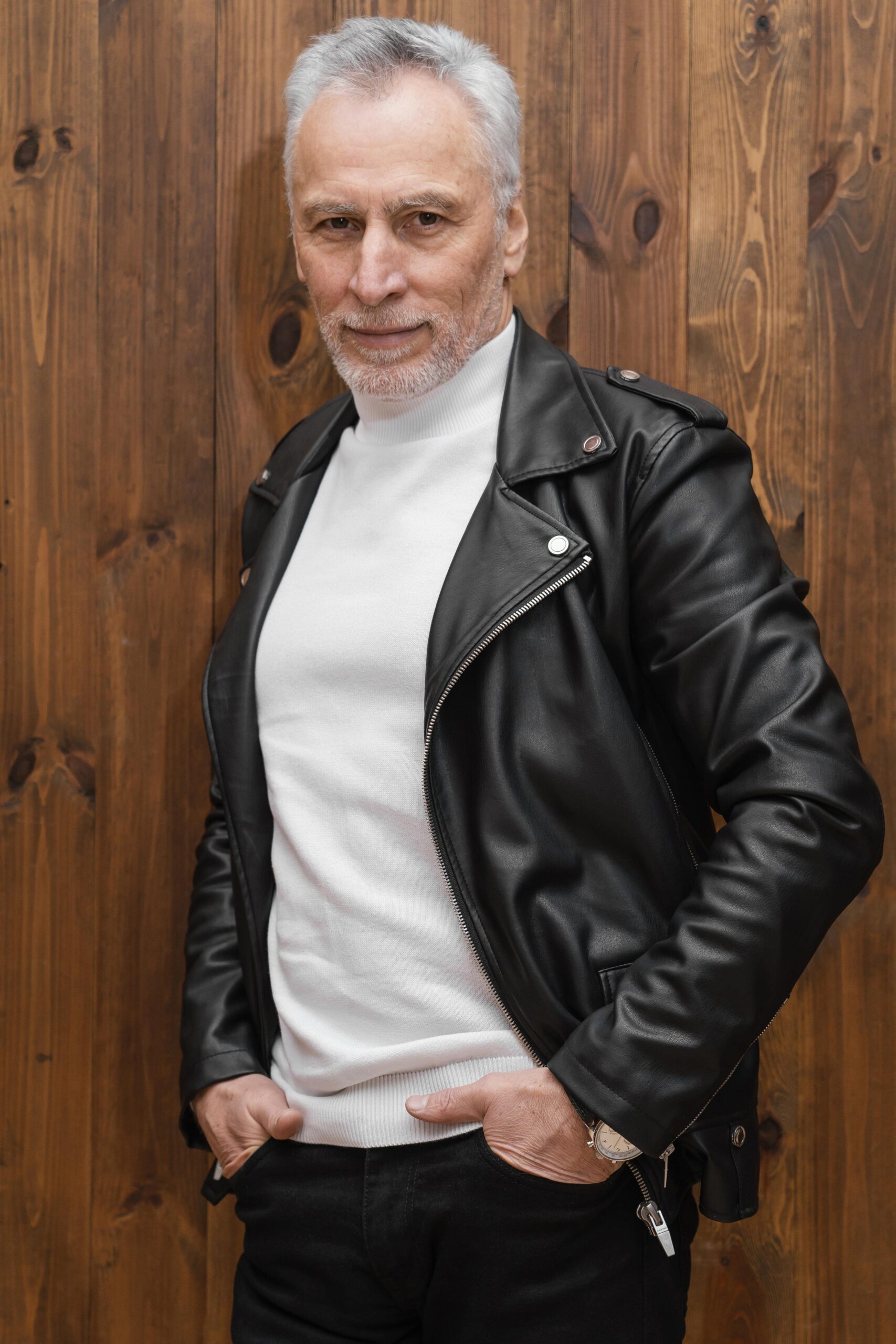 men wearing black leather jacket with notch collar on white tshirt