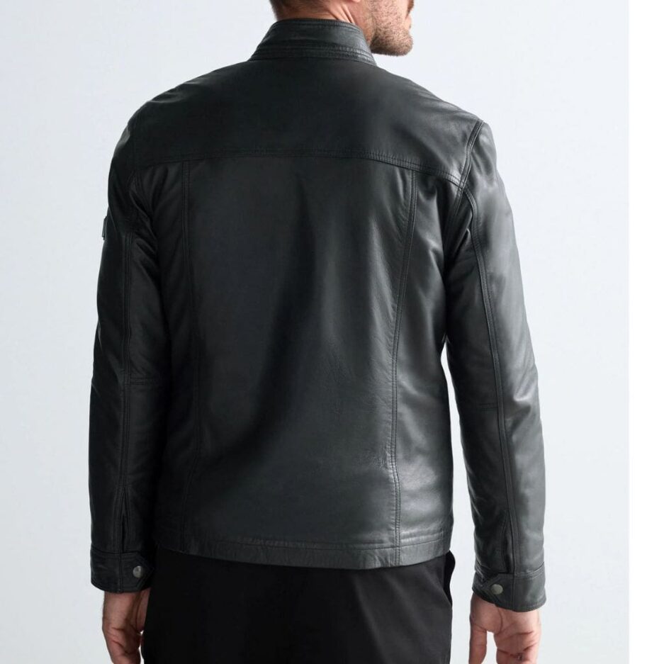 Black Leather Jacket With Zipper Pockets Back with Paneled detailing