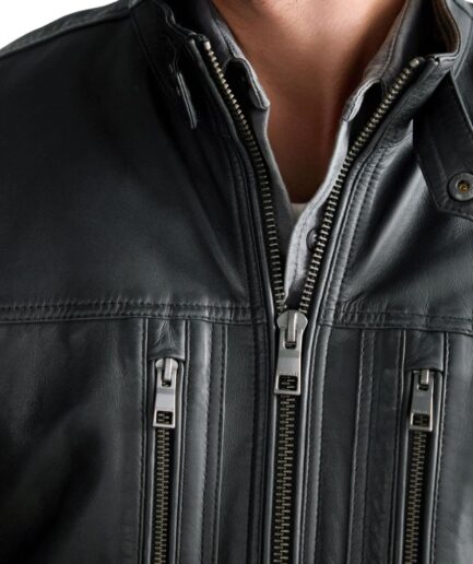 Men in Black leather jacket and zipper chest pocket and tab collar