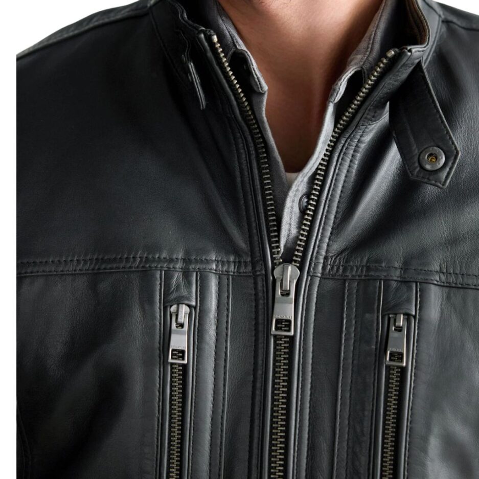 Men in Black leather jacket and zipper chest pocket and tab collar
