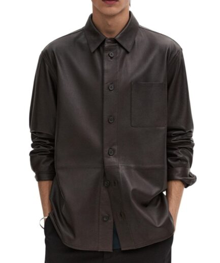 Brown leather shirt Men with chest pocket
