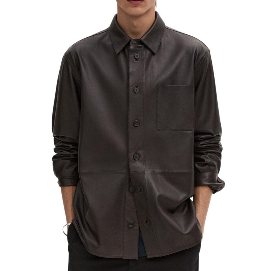 Brown leather shirt Men with chest pocket