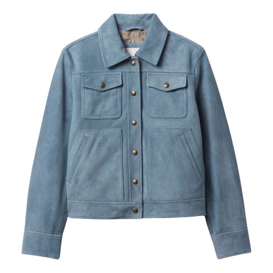 Classic Blue Suede Trucker Jacket for Women