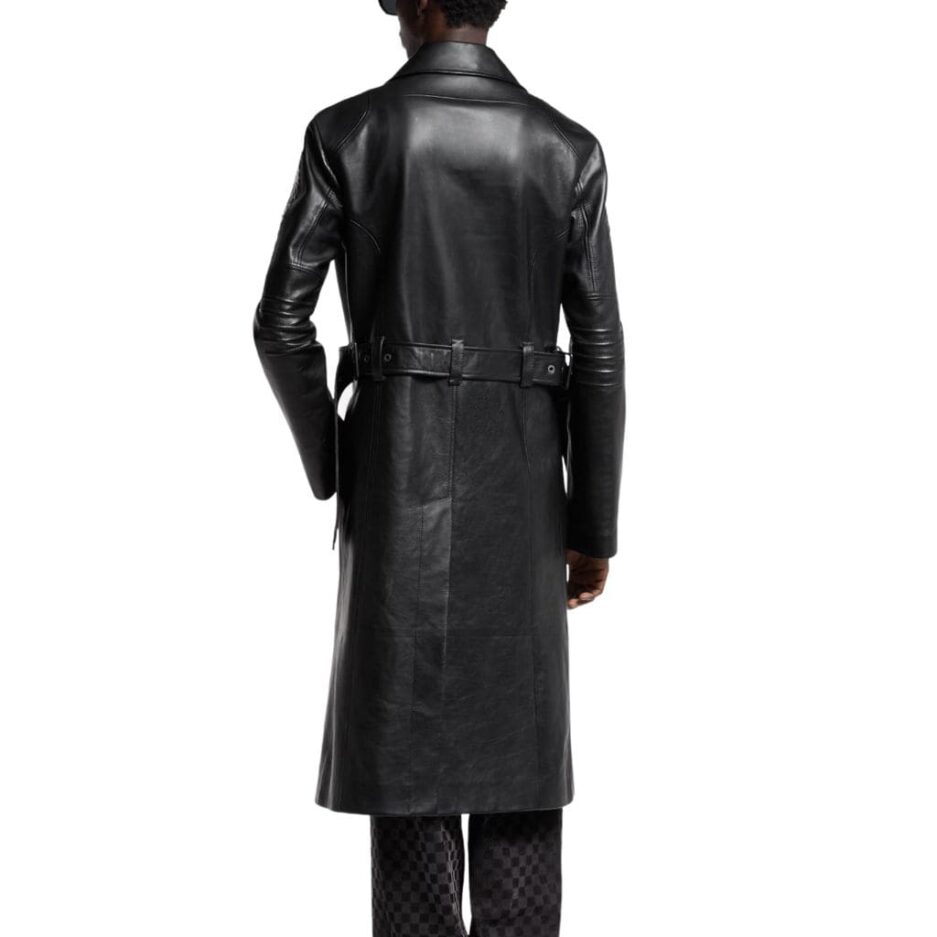 Mens leather trench coat back with side pockets