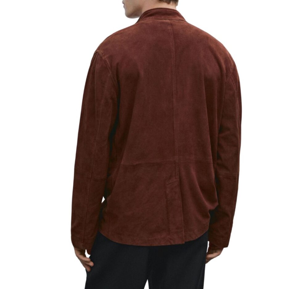 Suede Leather Stand Collar Jacket back with panaled detailing