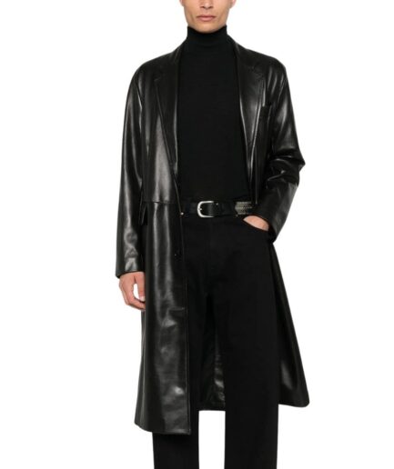 Men’s black long trench coat made of genuine leather
