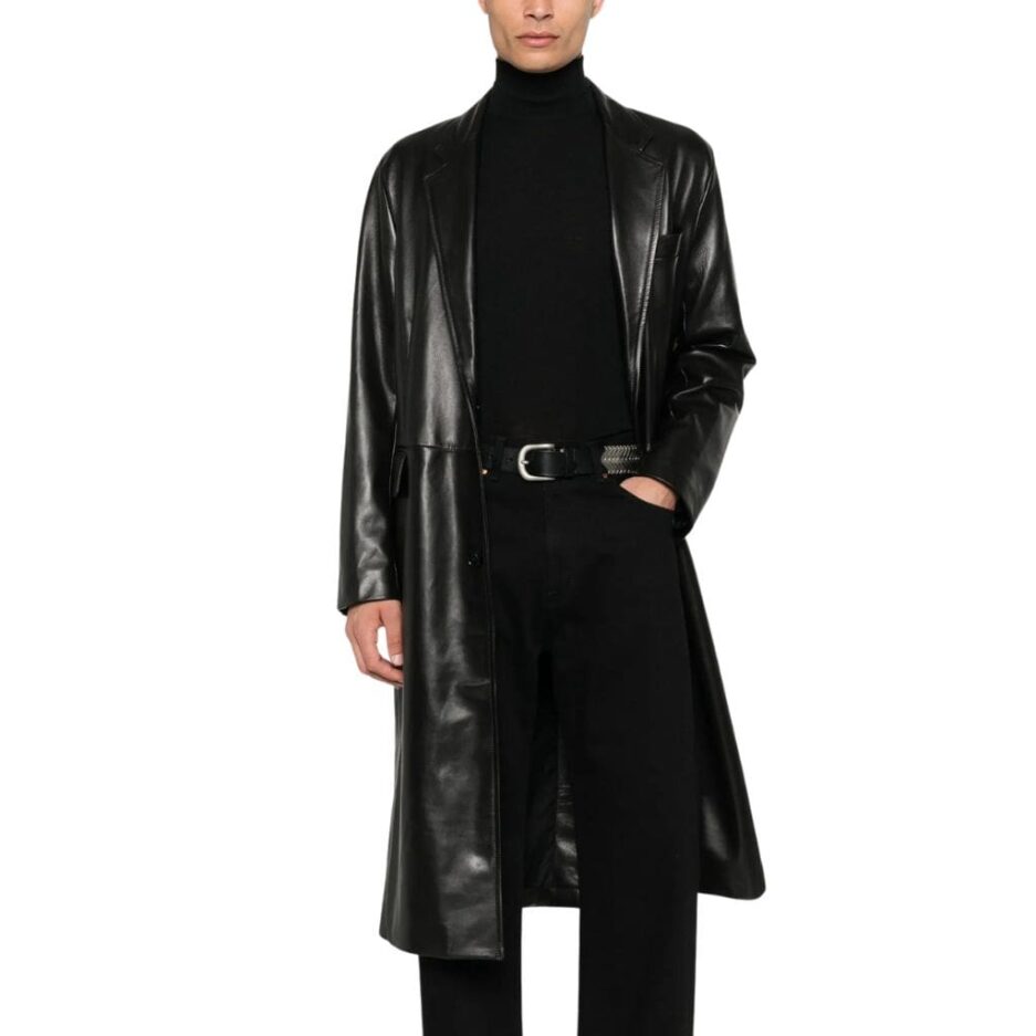 Men’s black long trench coat made of genuine leather