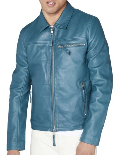 Men Biker Leather Jacket with zipper closure and zipper pockets