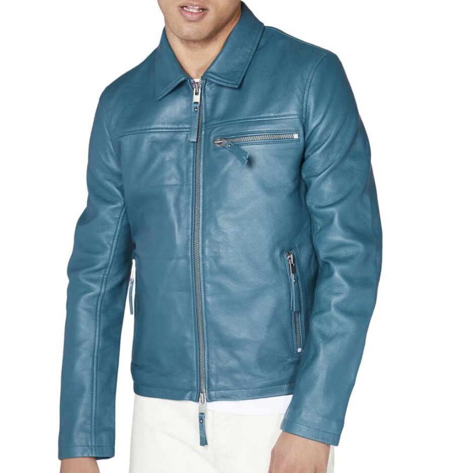 Men Biker Leather Jacket with zipper closure and zipper pockets