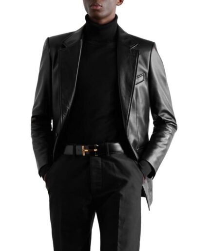 Traditional Black Men's Corporate Leather Blazer with long sleeves