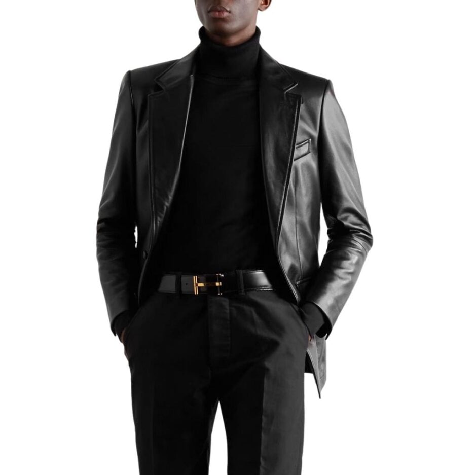 Traditional Black Men's Corporate Leather Blazer with long sleeves