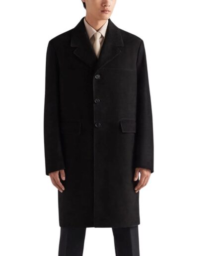 Men’s black suede leather single-breasted trench coat