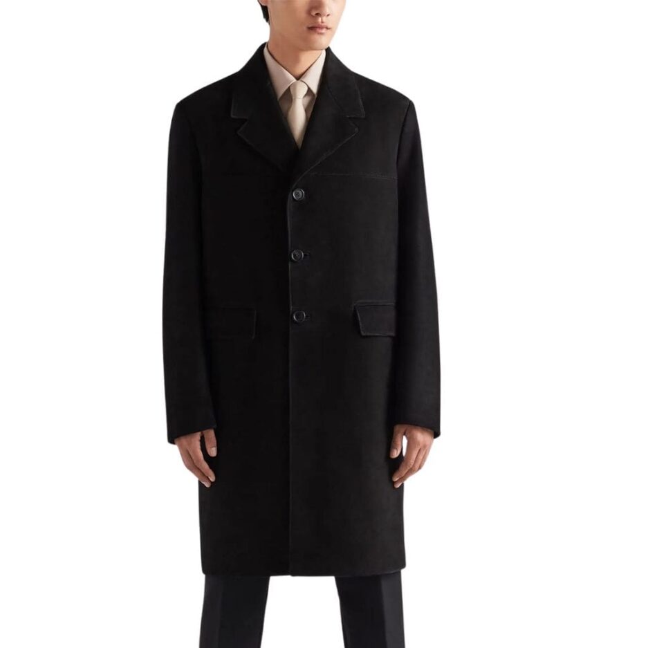 Men’s black suede leather single-breasted trench coat