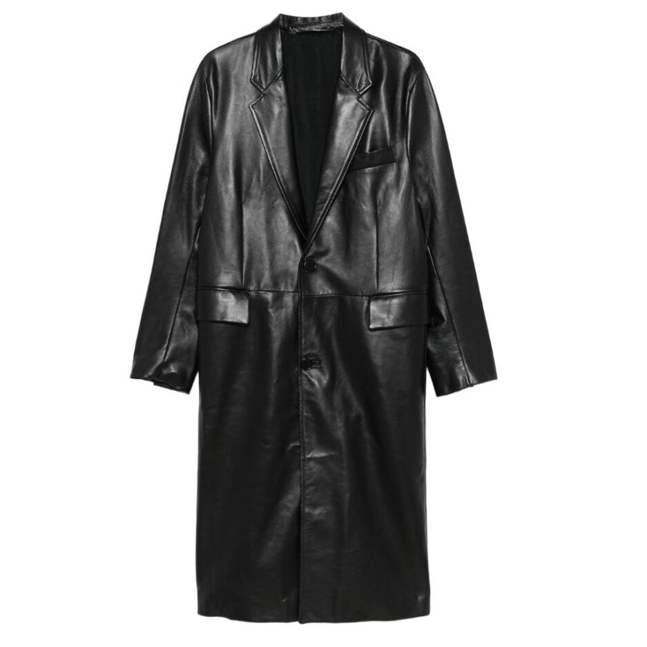 Full-length black trench coat for men with flap pockets