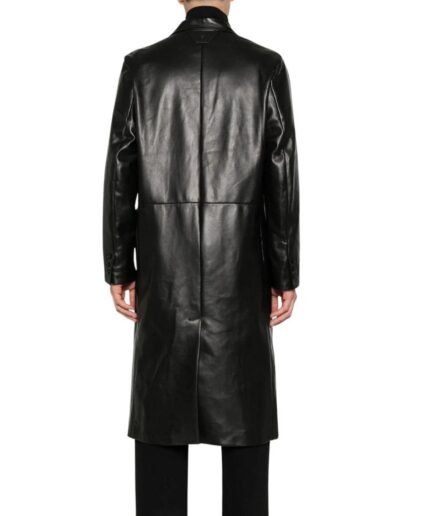 Single-breasted black leather trench coat for men