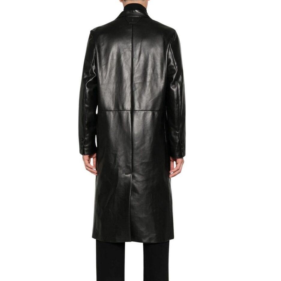 Single-breasted black leather trench coat for men
